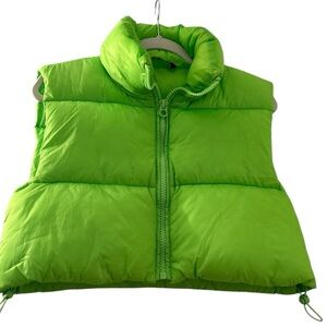 ZARA crop puffer vest, lime green, Small.  Front zip, ties at the bottom for fit